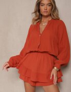 jumelle Salopetă Portocalie din Bumbac cu Fustă-Pantalon și Nasturi și Elastic în Talie Vimatthea