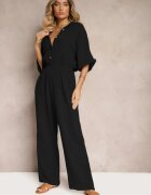jumelle Salopetă Taliată Neagră din Bumbac Top Tip Cămașă și Pantaloni Largi Namsorin