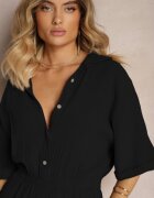 jumelle Salopetă Taliată Neagră din Bumbac Top Tip Cămașă și Pantaloni Largi Namsorin