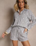 jumelle Set Alb-Negru din Muselină de Bumbac Cămașă și Pantaloni scurți cu Imprimeu în Dungi și Flori Sellimi