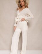 jumelle Set Bej cu textură Bluză cu Volane și Pantaloni Largi Kilinne