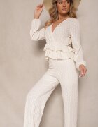 jumelle Set Bej cu textură Bluză cu Volane și Pantaloni Largi Kilinne