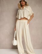 jumelle Set Bej deschis din Viscoză Cămașă scurtă și Pantaloni largi Daviriana