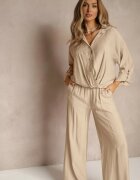 jumelle Set bej deschis din viscoză stil oversize pantaloni largi și cămașă lejeră cu nasturi Natinne