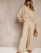jumelle Set bej deschis din viscoză stil oversize pantaloni largi și cămașă lejeră cu nasturi Natinne