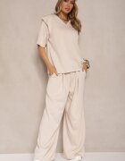 jumelle Set Bej deschis din Viscoză Tricou cu Decolteu în V și Pantaloni cu croială largă Zevline