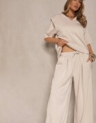 jumelle Set Bej deschis din Viscoză Tricou cu Decolteu în V și Pantaloni cu croială largă Zevline