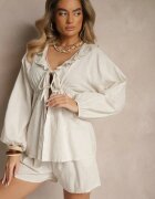 jumelle Set Bej din In Pantaloni scurți și Bluză cu Legătură și Volan Mirovenia