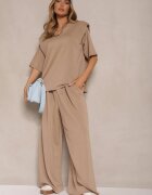 jumelle Set Bej din Viscoză Tricou cu decolteu în V și Pantaloni cu croială largă Zevline