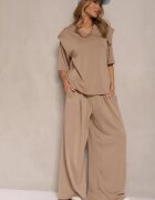 jumelle Set Bej din Viscoză Tricou cu decolteu în V și Pantaloni cu croială largă Zevline