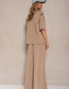 jumelle Set Bej din Viscoză Tricou cu decolteu în V și Pantaloni cu croială largă Zevline