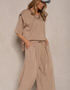 jumelle Set Bej din Viscoză Tricou cu decolteu în V și Pantaloni cu croială largă Zevline