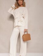 jumelle Set Bej Pantaloni cu croială largă și Bluză cu legătură în talie Dilinne