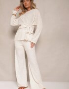 jumelle Set Bej Pantaloni cu croială largă și Bluză cu legătură în talie Dilinne