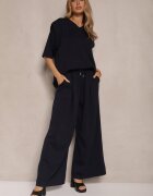 jumelle Set Bleumarin din Viscoză Tricou cu Decolteu în V și Pantaloni Croi Larg Zevline