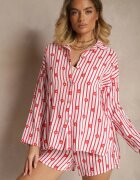 jumelle Set de muselină roșu din bumbac Cămașă și Pantaloni scurți cu model în dungi și flori Sellimi