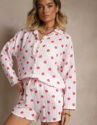 jumelle Set De muselină Roz din bumbac Cămașă și Pantaloni scurți cu model în dungi și flori Sellimi