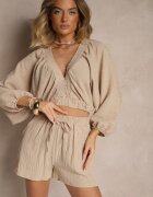 jumelle Set două piese Bej Bluză cu Decolteu Adânc Pantaloni scurți cu Elastic în Talie Gemvia
