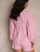 jumelle Set Fucsia din In Pantaloni scurți și Bluză cu Legătură și Volan Mirovenia