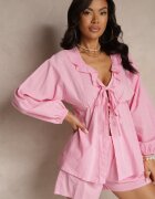 jumelle Set Fucsia din In Pantaloni scurți și Bluză cu Legătură și Volan Mirovenia