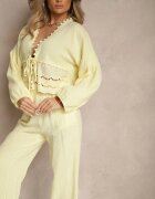 jumelle Set Galben din Bumbac cu Inserții Ajurate Bluză cu Legătură și Pantaloni Jaette