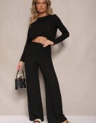 jumelle Set Negru cu Imprimeu în relief Pantaloni Largi și Bluză cu Croială Tip Balon Frolloti