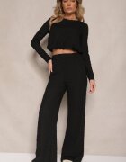 jumelle Set Negru cu Imprimeu în relief Pantaloni Largi și Bluză cu Croială Tip Balon Frolloti