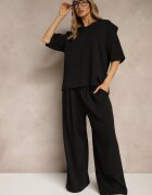 jumelle Set Negru din Vâscoză Tricou cu Decolteu în V și Pantaloni Croi Larg Zevline
