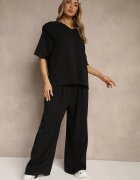 jumelle Set Negru din Vâscoză Tricou cu Decolteu în V și Pantaloni Croi Larg Zevline