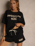 jumelle Set Negru din Viscoză cu croială Oversize T-shirt și Pantaloni scurți Lirafina