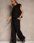jumelle Set Negru din Viscoză Pantaloni Lărgi și Bluză cu Umeri Întăriți Neidra