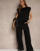 jumelle Set Negru din Viscoză Pantaloni Lărgi și Bluză cu Umeri Întăriți Neidra