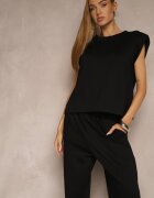 jumelle Set Negru din Viscoză Pantaloni Lărgi și Bluză cu Umeri Întăriți Neidra