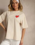 jumelle T-shirt Bej din Bumbac Decorat cu Inimă Ranira