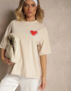 jumelle T-shirt Bej din Bumbac Decorat cu Inimă Ranira