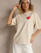 jumelle T-shirt Bej din Bumbac Decorat cu Inimă Ranira