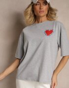 jumelle T-shirt Gri din Bumbac Decorat cu Inimă Ranira