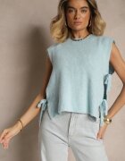 jumelle Vestă Albastră deschis din Tricot cu Lână și Vâscoză Decorată cu Legături Annivoriae