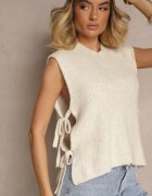 jumelle Vestă Bej deschis din Tricot cu Lână și Vâscoză Decorată cu Legături Annivoriae