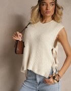 jumelle Vestă Bej deschis din Tricot cu Lână și Vâscoză Decorată cu Legături Annivoriae