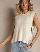 jumelle Vestă Bej deschis din Tricot cu Lână și Vâscoză Decorată cu Legături Annivoriae