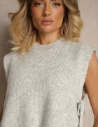jumelle Vestă Gri Deschis din Tricot cu Lână și Viscoză Decorată cu Legături Annivoriae
