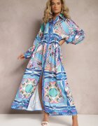 jusdepom Rochie Albastră Maxi Oversize cu Model Ornamental Colorat Stama
