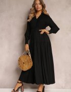 jusdepom Rochie Cloche Neagră cu elastic în talie și nasturi decorativi Graziela