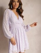 jusdepom Rochie violet cu elastic în talie decolteu petrecut și imprimeu geometric pe plasă Marixita