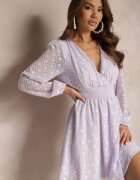 jusdepom Rochie violet cu elastic în talie decolteu petrecut și imprimeu geometric pe plasă Marixita