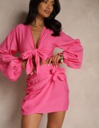 jusdepom Compleu Fucsia din 2 piese Casual cu bluză și fustă mini decorate cu cordon Beasia