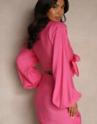 jusdepom Compleu Fucsia din 2 piese Casual cu bluză și fustă mini decorate cu cordon Beasia
