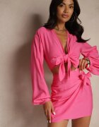 jusdepom Compleu Fucsia din 2 piese Casual cu bluză și fustă mini decorate cu cordon Beasia