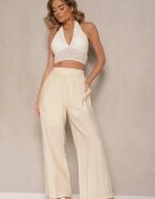 jusdepom Pantaloni Bej deschis din Viscoză Palazzo High Waist cu In Linaselia